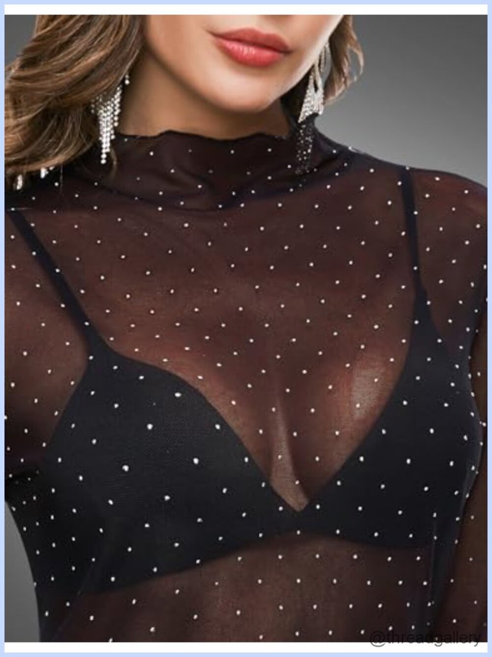 Sheer Mesh Layering Top Mock Neck Ruffle Rhinestone Long Sleeve - Picture 2 of 6